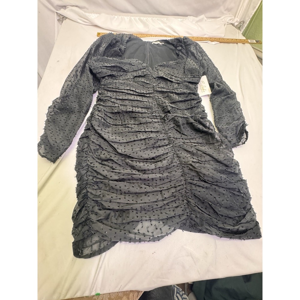 Lush Beaded Black Ruched Mini Dress Long Sleeve Sweetheart Neckline Size‎ Large